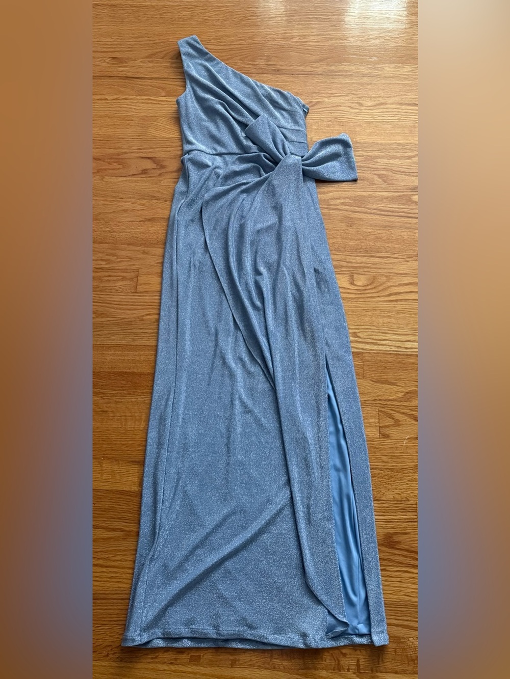 Shimmery Slate Blue Evening Dress with Side Slit